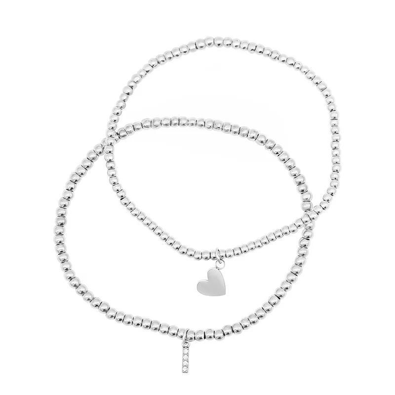 Adornia Silver Tone Mini Cubic Zirconia Initial Stretch Bracelet Set, Women's, Size: 7", Silver Tone T Product Image