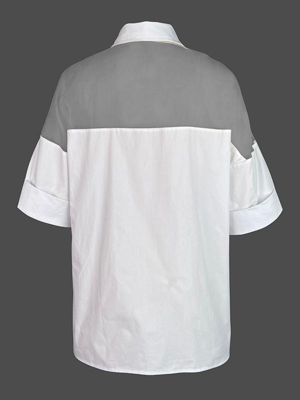 Short Sleeves See-Through Solid Color Split-Joint Lapel Blouses&Shirts Tops Product Image