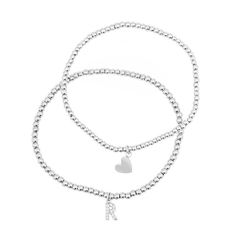 Adornia Silver Tone Mini Cubic Zirconia Initial Stretch Bracelet Set, Womens Silver Tone F Product Image