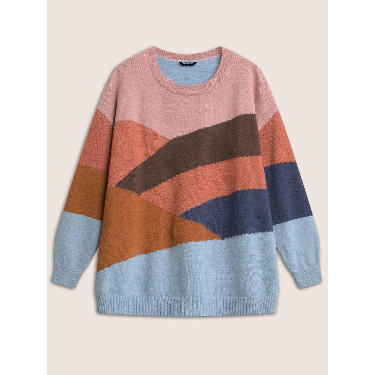 Plus Size Supersoft Essentials Colorblock Patchwork Pullover Multicolor Women Casual Long Sleeve Round Neck Everyday Pullovers BloomChic 26/4X Product Image