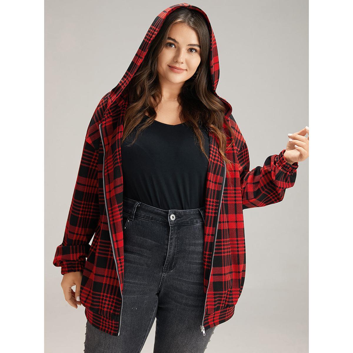 Plus Size Plaid Zipper Hooded Jacket Women Raspberry Elastic cuffs Everyday Jackets BloomChic 12/L Product Image