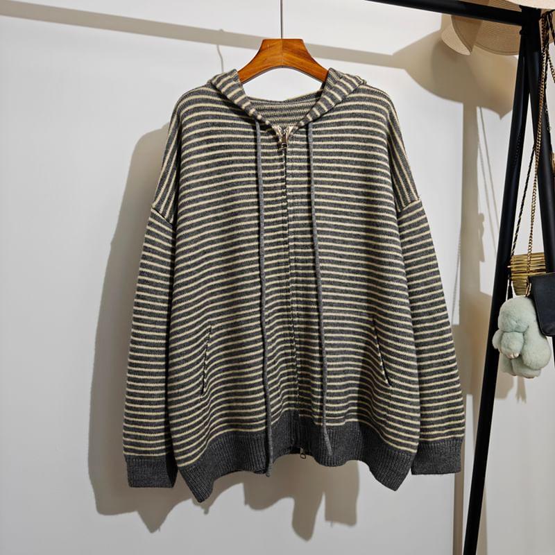 Drop Shoulder Hooded Striped Zip Up Cardigan Product Image