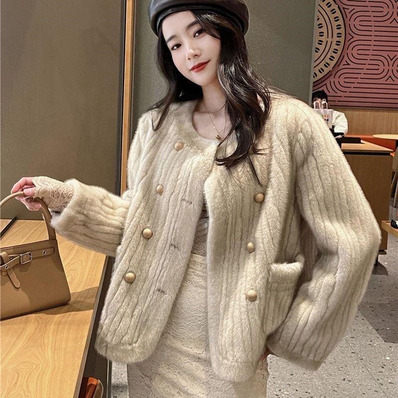 Round Neck Plain Faux Fur Double Breasted Jacket Product Image