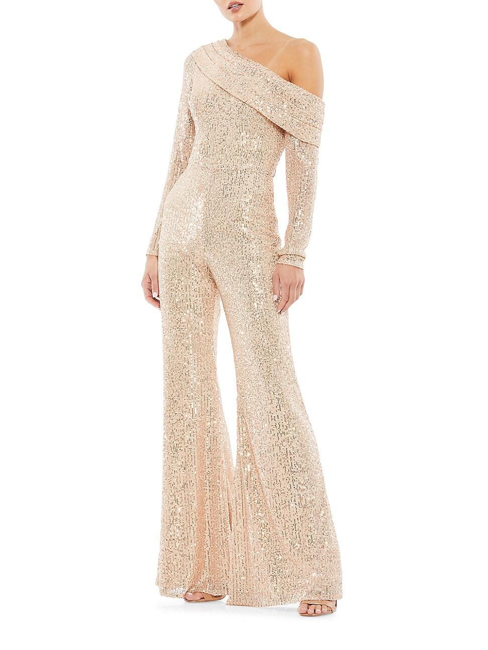 Mac Duggal Asymmetric Off-The-Shoulder Long Sleeve Flare Leg Sequin Jumpsuit Product Image