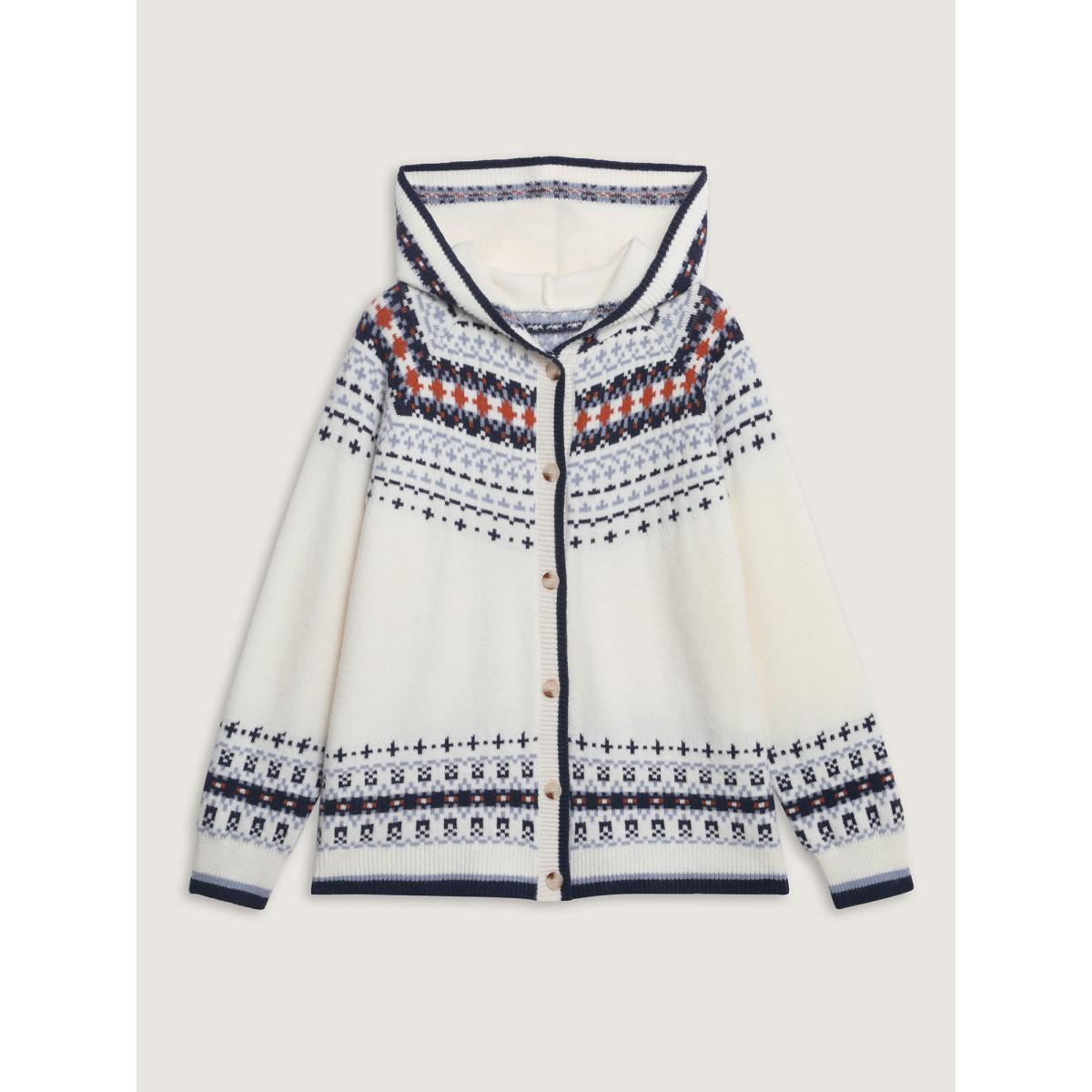 Plus Size Hooded Jacquard Pattern Button Knit Cardigan Ivory Women Leisure Loose Long Sleeve Casual Cardigans BloomChic 26/4X Product Image