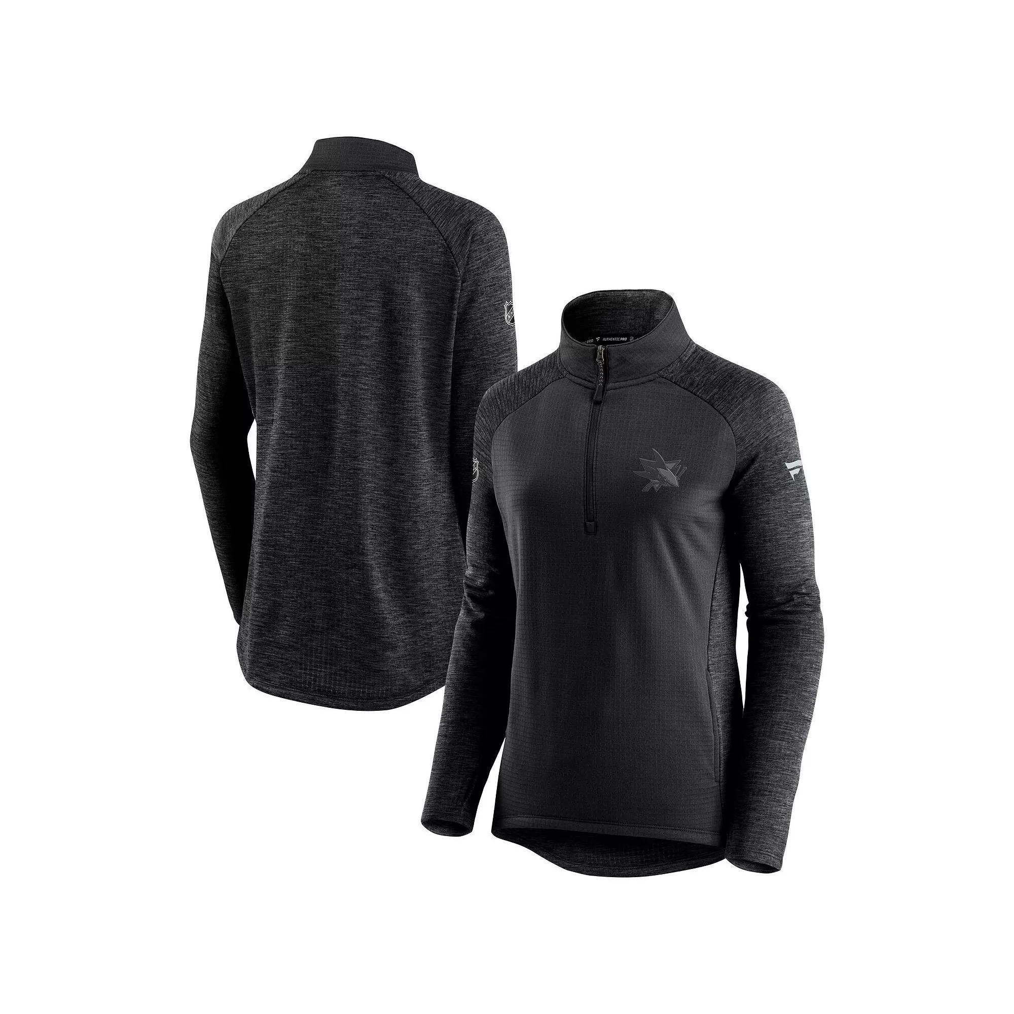 Women's Fanatics Branded Black/Heathered Charcoal San Jose Sharks Authentic Pro Travel & Training Raglan Quarter-Zip Jacket,  Product Image
