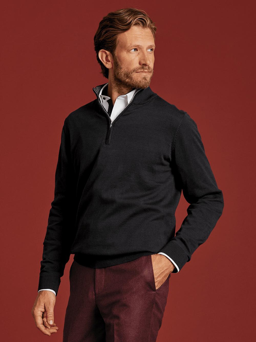 Supima Cotton Quarter Zip Mock Neck Sweater - Black Product Image