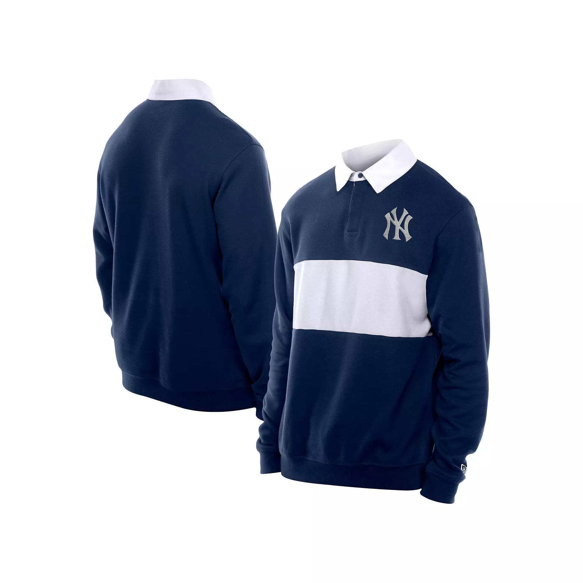 Men's New Era Navy New York Yankees Throwback Prep Colorblock Rugby Polo,  Product Image