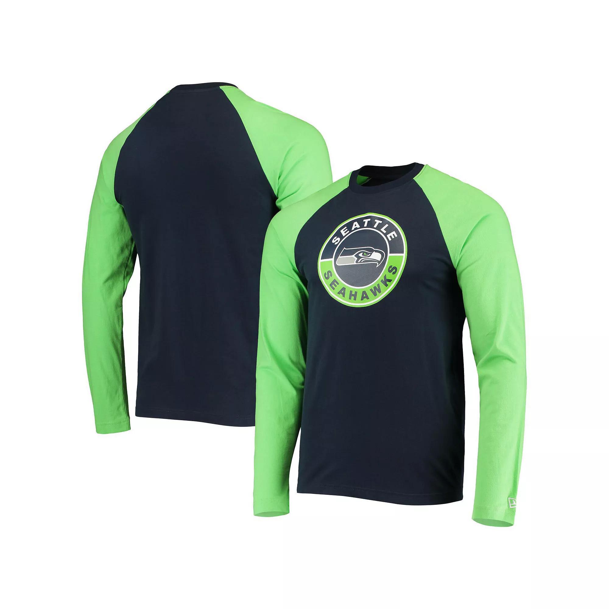 Men's New Era College Navy/Neon Green Seattle Seahawks League Raglan Long Sleeve T-Shirt, Size: Large, Blue Product Image