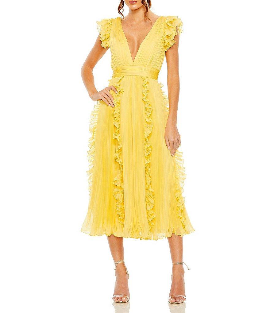 Mac Duggal Pleated Chiffon Deep V-Neck Flutter Sleeve Ruffle Midi Dress Product Image