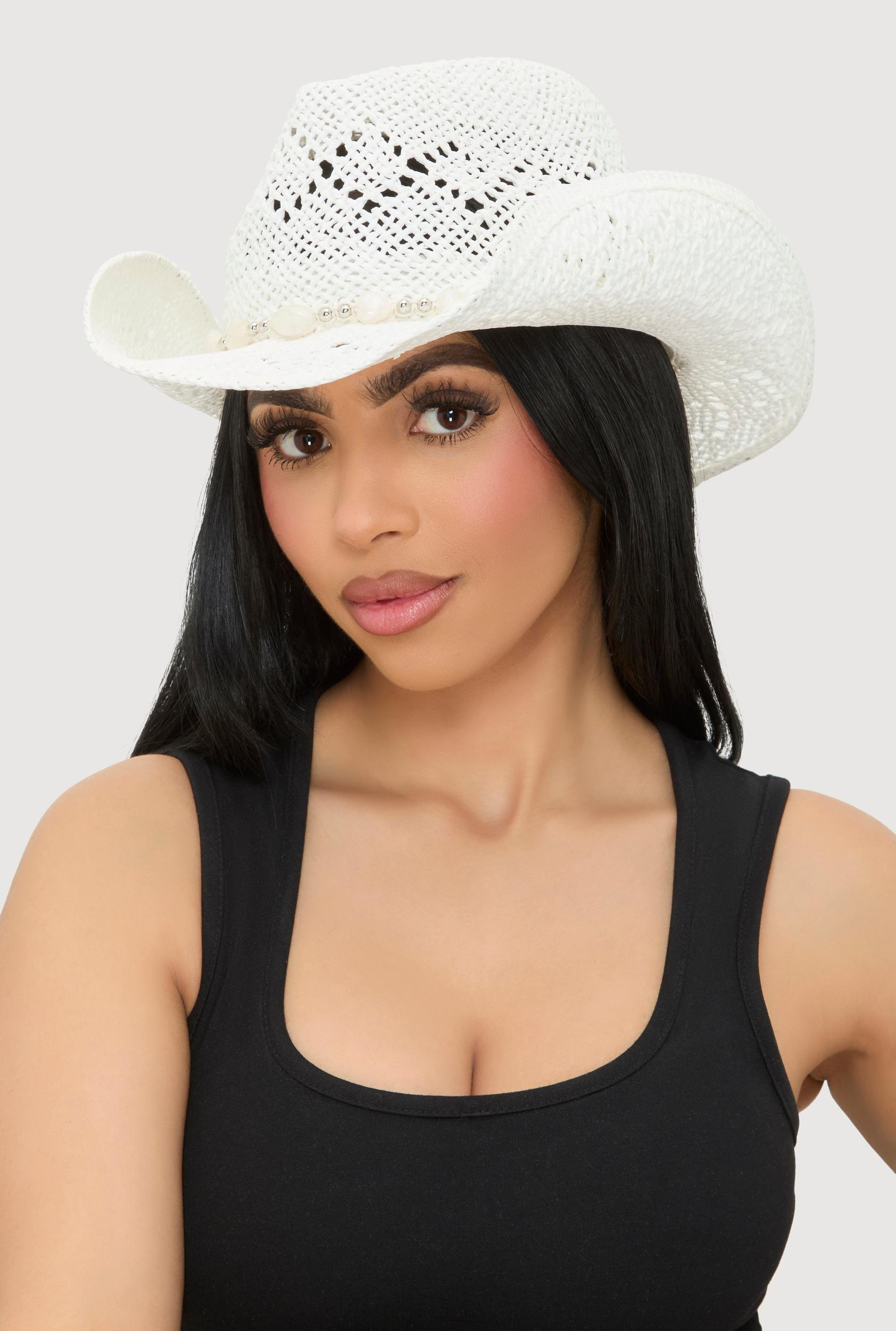 Beaded Trim Straw Cowboy Hat Female Product Image