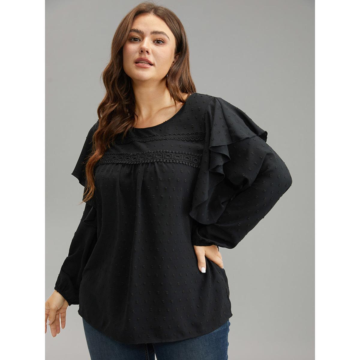 Plus Size Black Solid Contrast Lace Tiered Ruffles Blouse Women Elegant Long Sleeve Round Neck Dailywear Blouses BloomChic 12/L Product Image