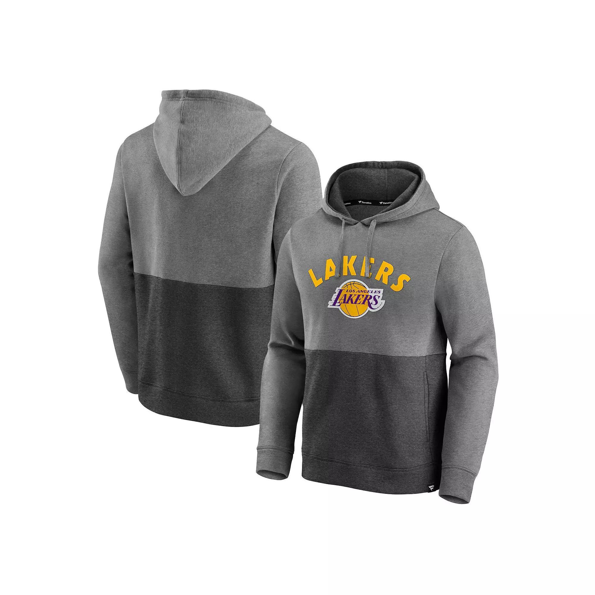 Men's Fanatics Branded Heathered Charcoal/Black Los Angeles Lakers Block Party Applique Color Block Pullover Hoodie, Size: Medium Product Image