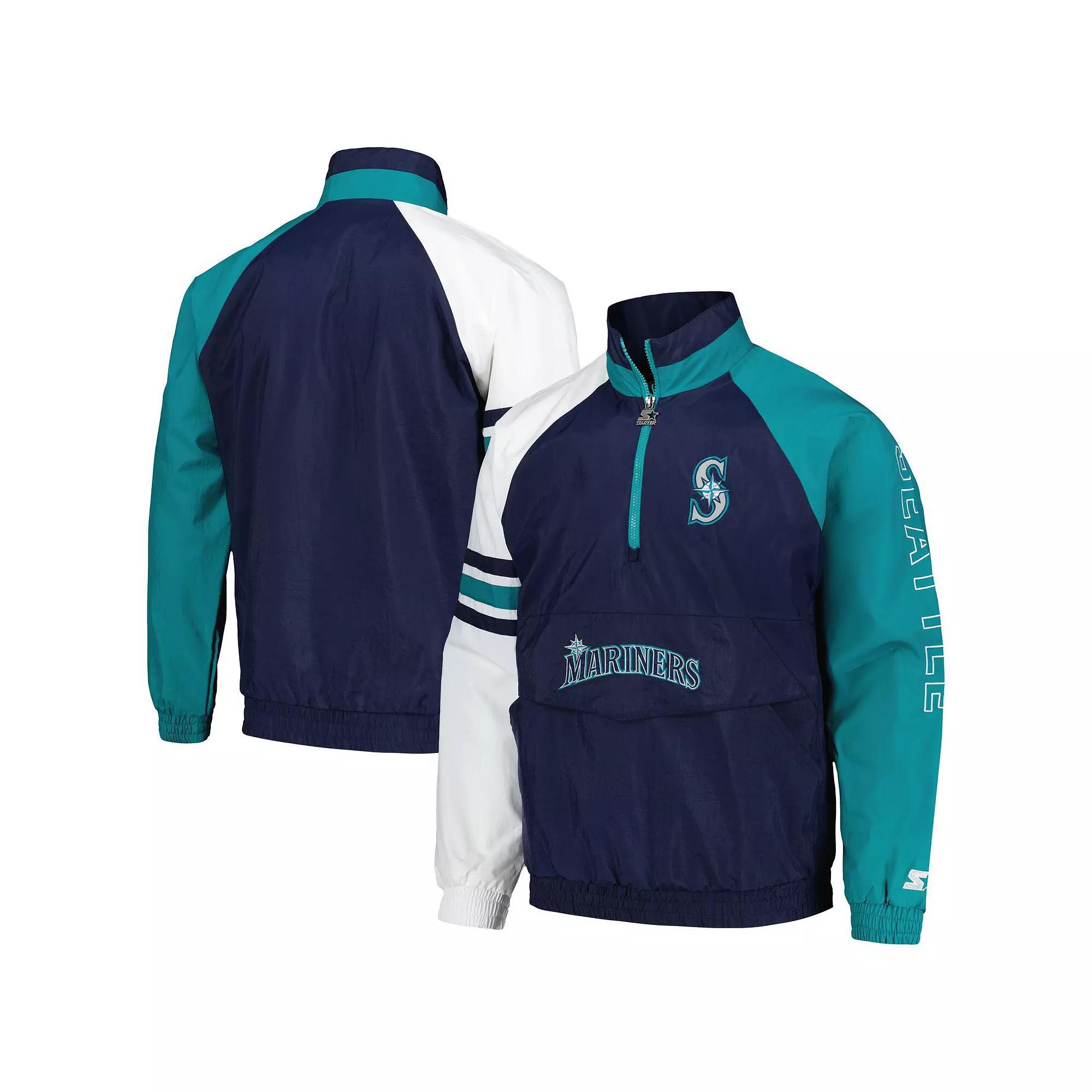 Men's Starter Navy/White Seattle Mariners Elite Raglan Half-Zip Jacket, Size: 5XL, Blue Product Image