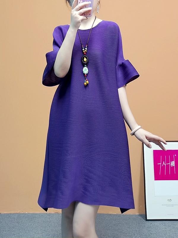 Stylish Selection Flared Sleeves A-Line Pleated Solid Color Round-Neck Midi Dresses Product Image