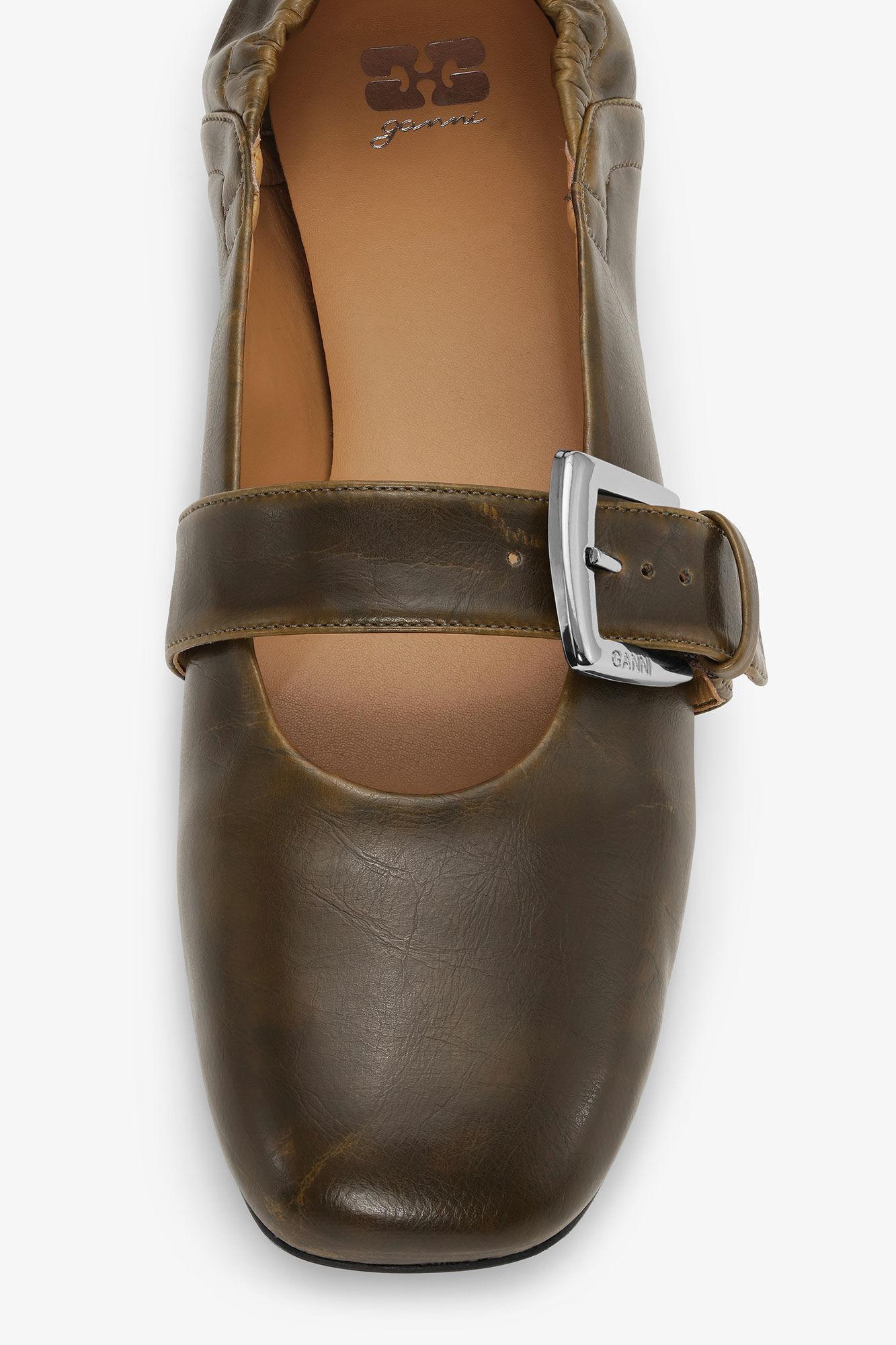 Dark-Olive Buckle Strap Ballerinas Product Image