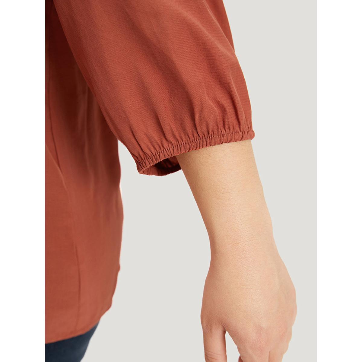 Plus Size Chocolate Plain Notched Button Through Elastic Cuffs Shirred Blouse Women Office Elbow-length sleeve V-neck Office Blouses BloomChic 14-16/1X Product Image