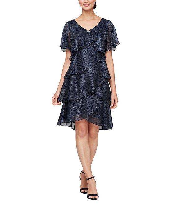 Ignite Evenings Shimmer Tiered Ruffle V-Neck Embellishment Short Flutter Sleeve Shift Dress Product Image