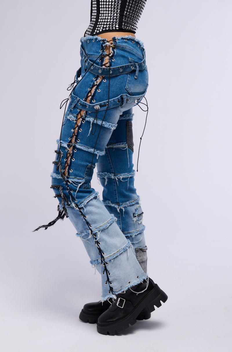 LAY LOW DISTRESSED DENIM FLARE PANT Product Image