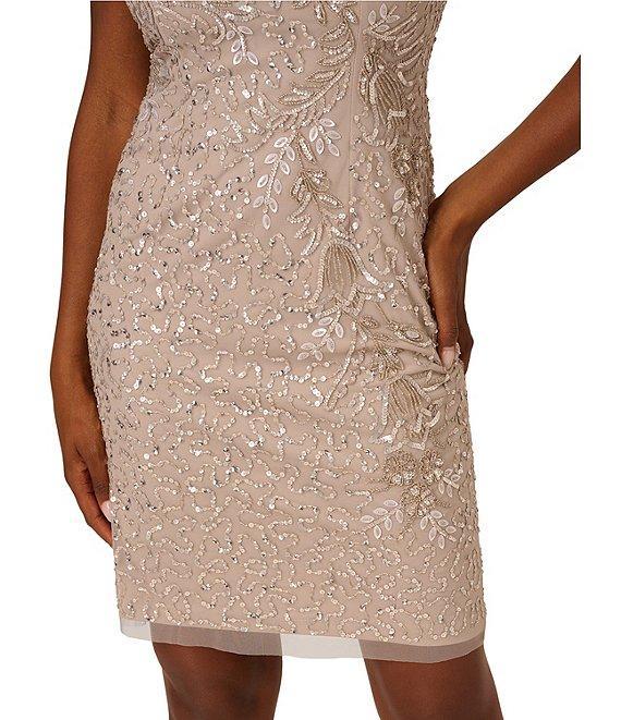 Adrianna Papell Beaded Mesh V Neck Short Flutter Sleeve Sheath Mini Dress Product Image