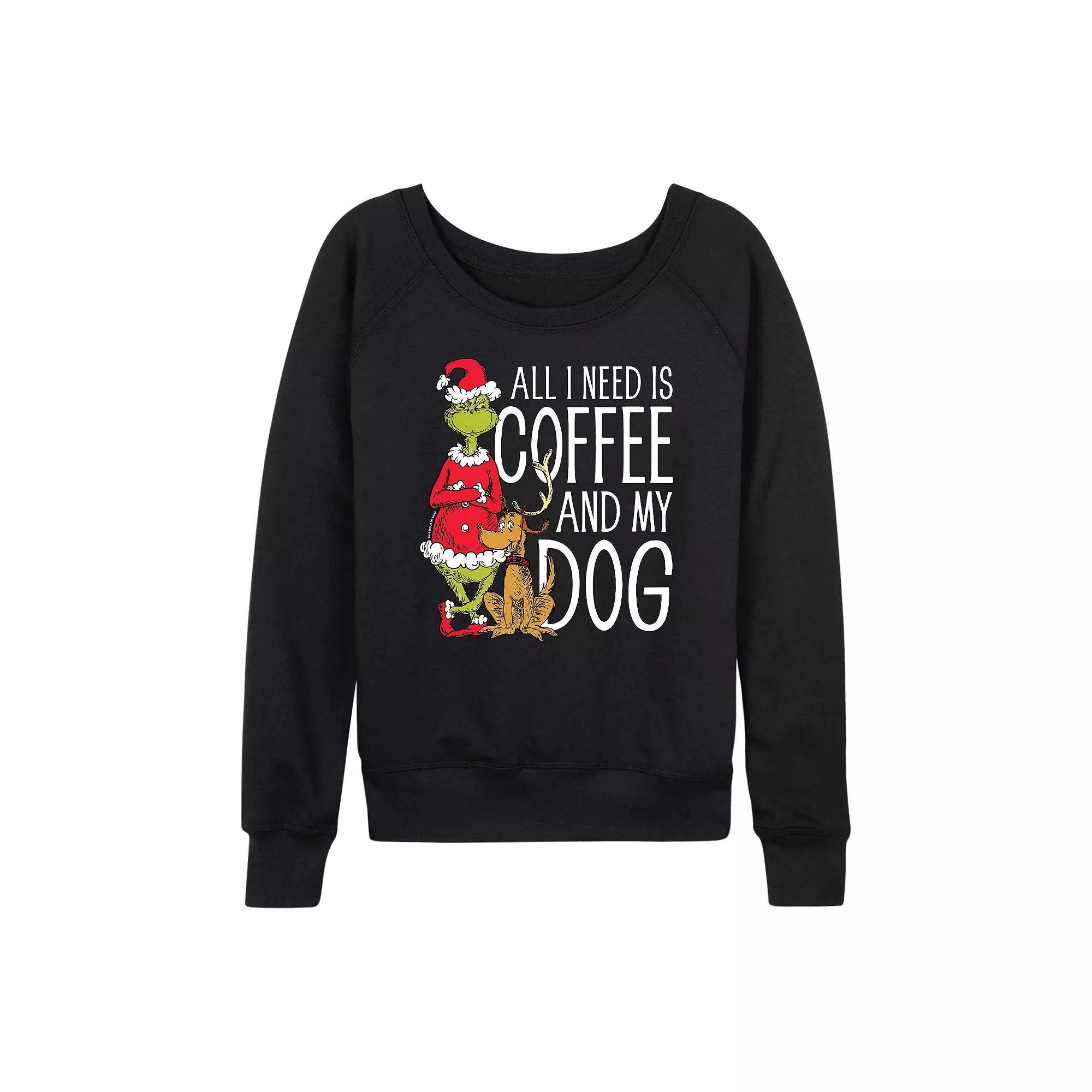 Women's Dr. Seuss Grinch All I Need Is Coffee French Terry Long Sleeve Tee, Size: Large, Black Product Image