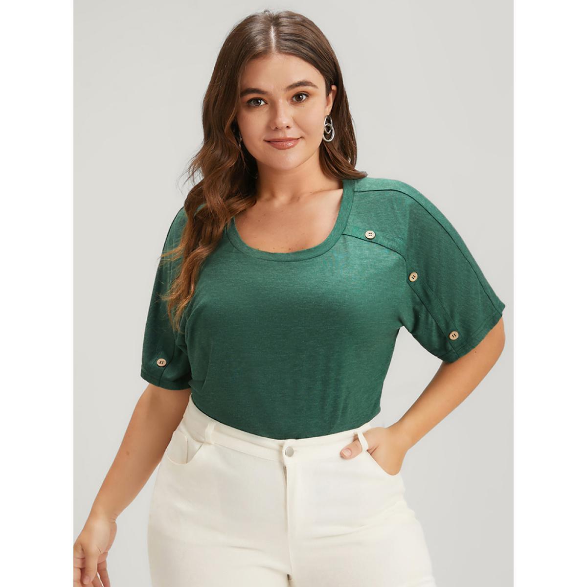 Plus Size Solid Round Neck Button Raglan Sleeve Modal T-shirt Green Women Casual Button Plain Round Neck Dailywear T-shirts BloomChic 14-16/1X Product Image