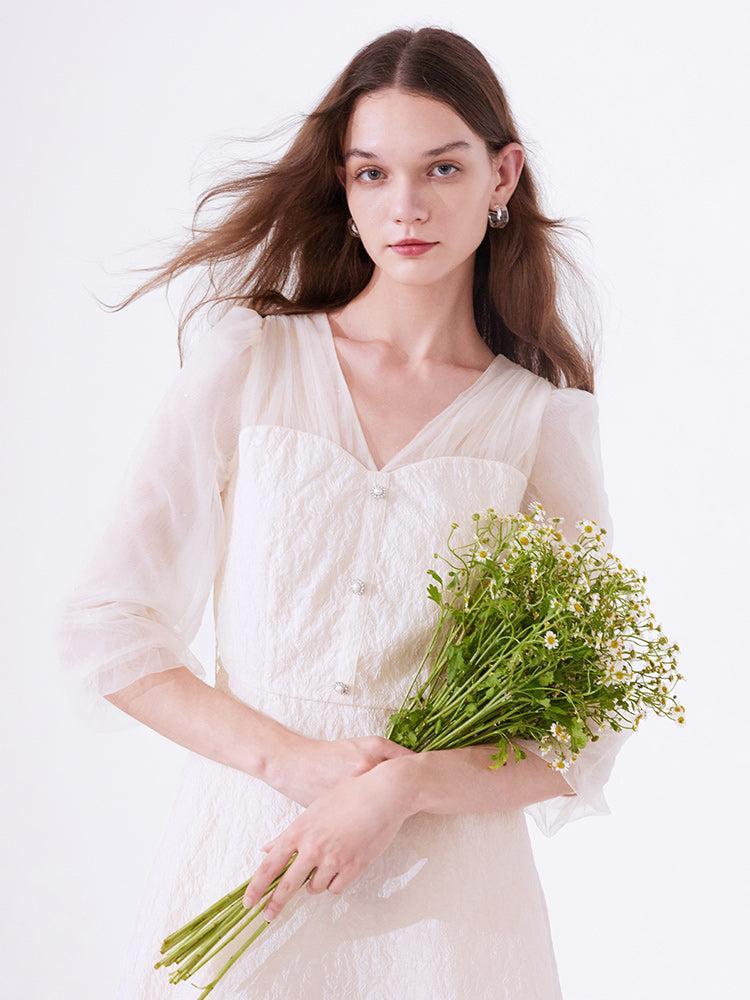 White Mesh Half-Sleeve V-Neck Jacquard Midi Dress Product Image