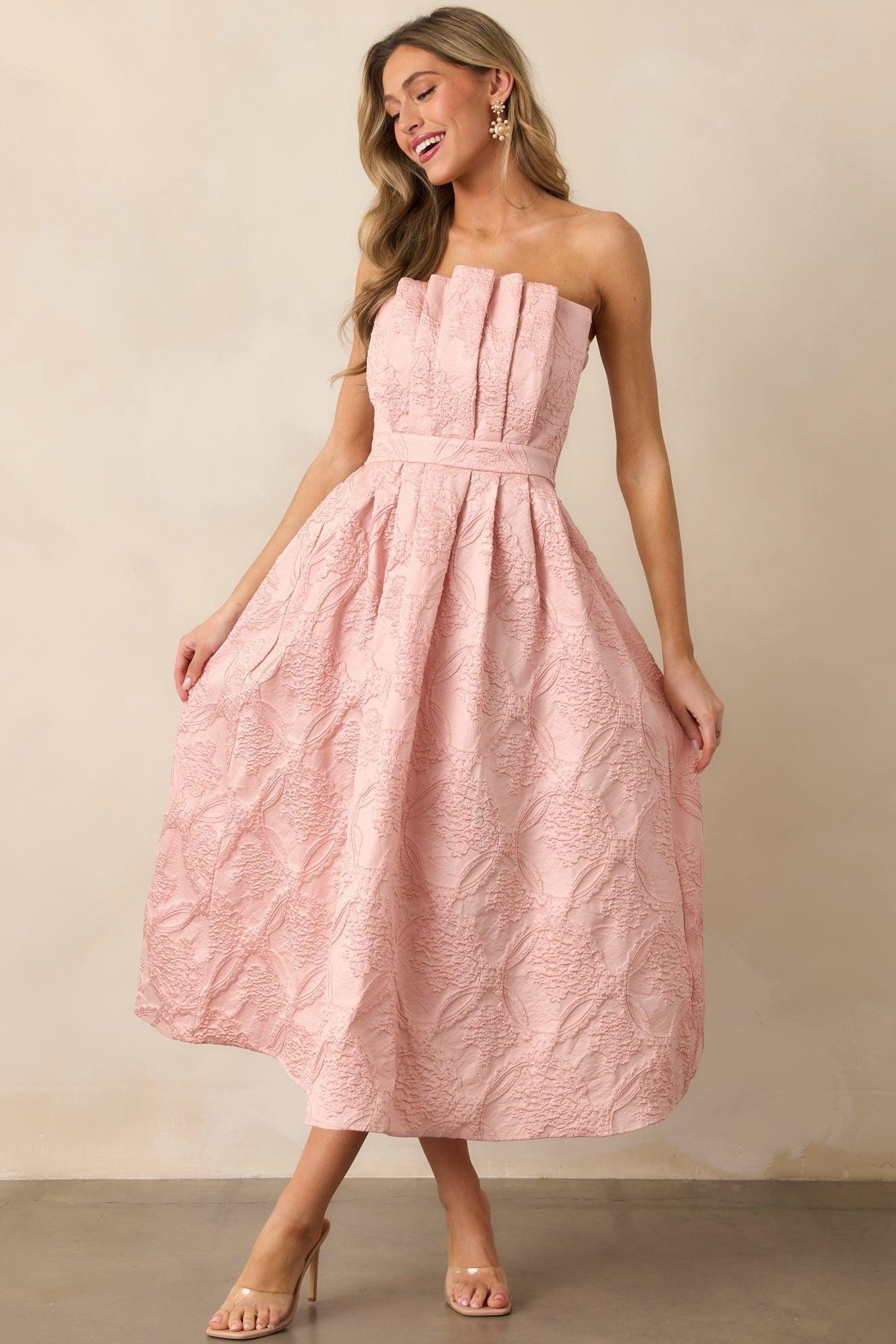 The Genevieve Blush Floral Jacquard Strapless Midi Dress Product Image