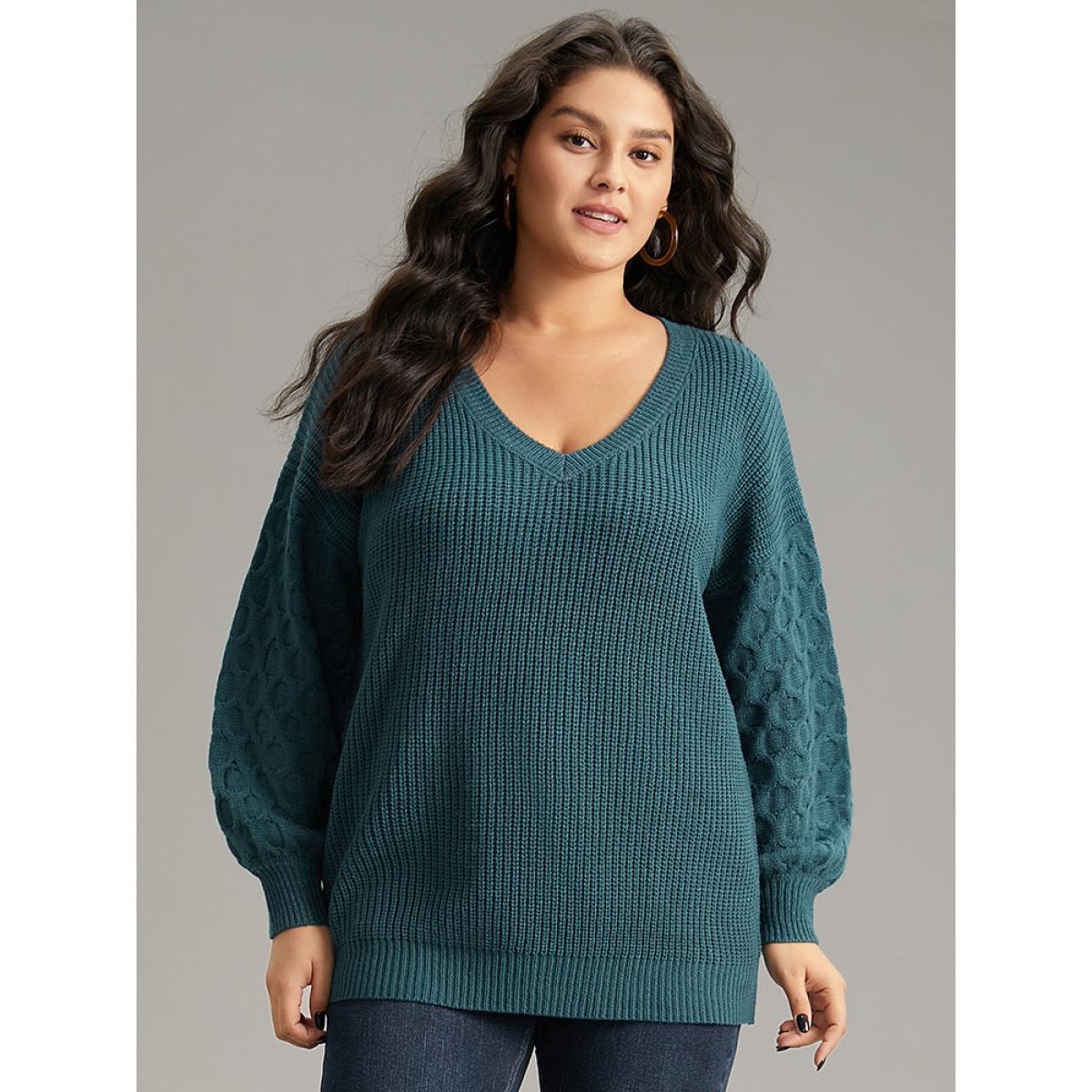 Plus Size Solid Cable Knit V Neck Drop Shoulder Pullover Teal Women Casual Long Sleeve V-neck Everyday Pullovers BloomChic 26/4X Product Image