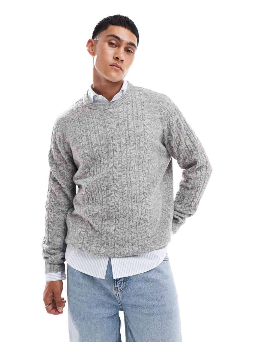 ASOS DESIGN relaxed slouchy crew neck cable knit sweater in gray heather Product Image