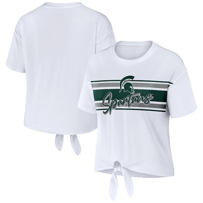 Women's WEAR by Erin Andrews White Michigan State Spartans Striped Front Knot Cropped T-Shirt, Size: Large Product Image