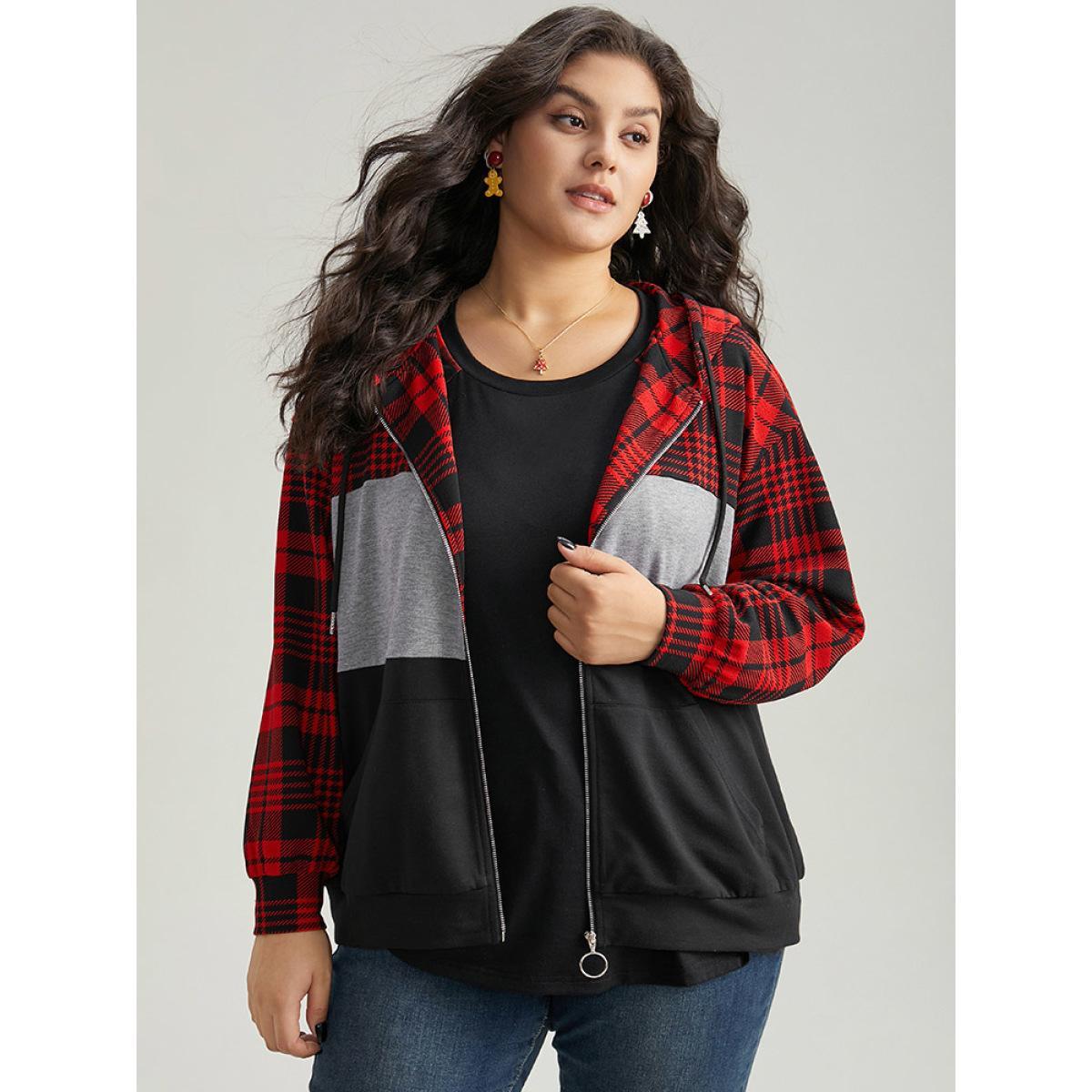 Plus Size Plaid Contrast Patchwork Drawstring Zipper Jacket Women Raspberry Contrast Pocket Dailywear Jackets BloomChic 12/L Product Image