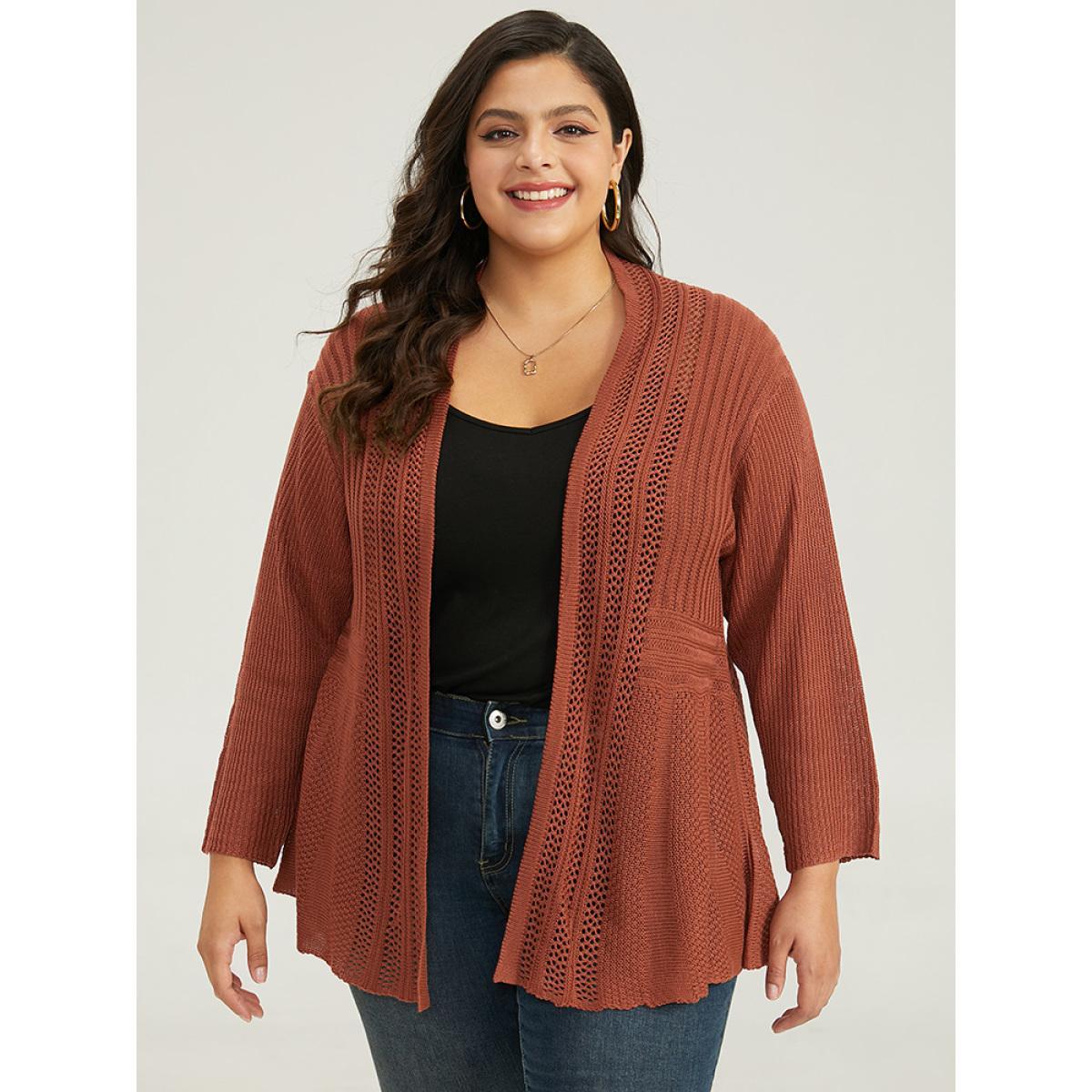 Plus Size Plain Hollow Out Drop Shoulder Open Front Cardigan Chocolate Women Casual Loose Long Sleeve Everyday Cardigans BloomChic 30/6X Product Image