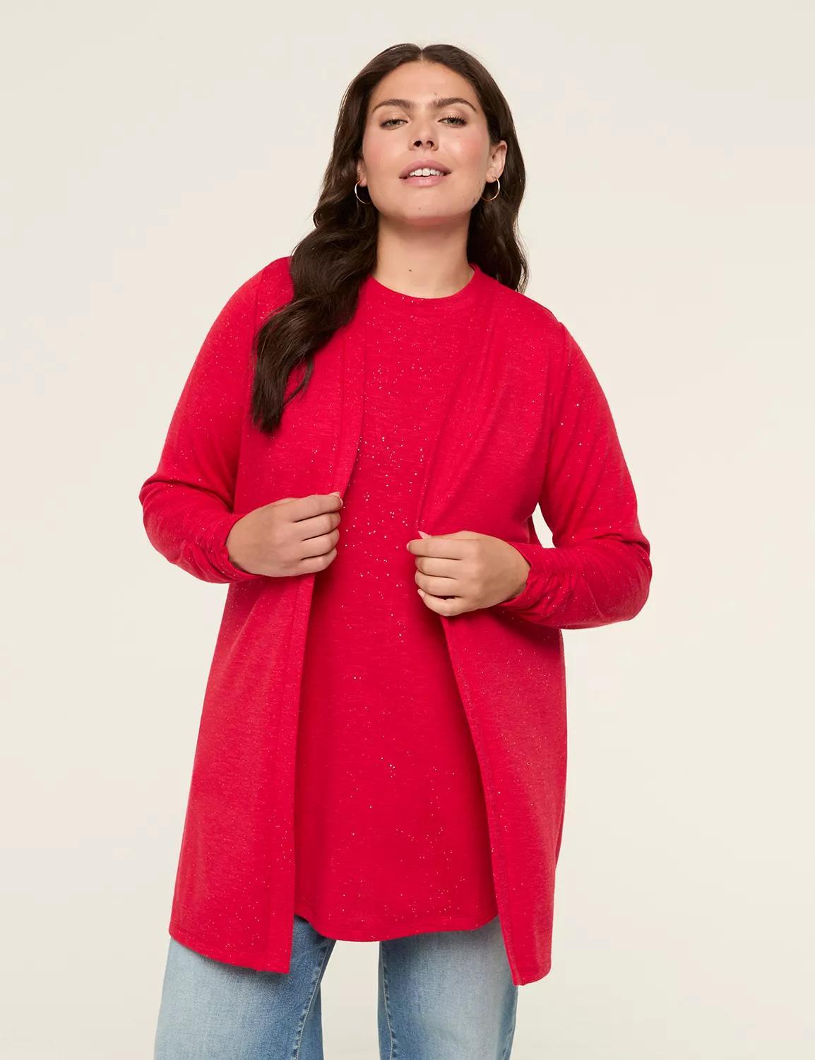 Shimmer Ruched-Sleeve Open-Front Overpiece Product Image