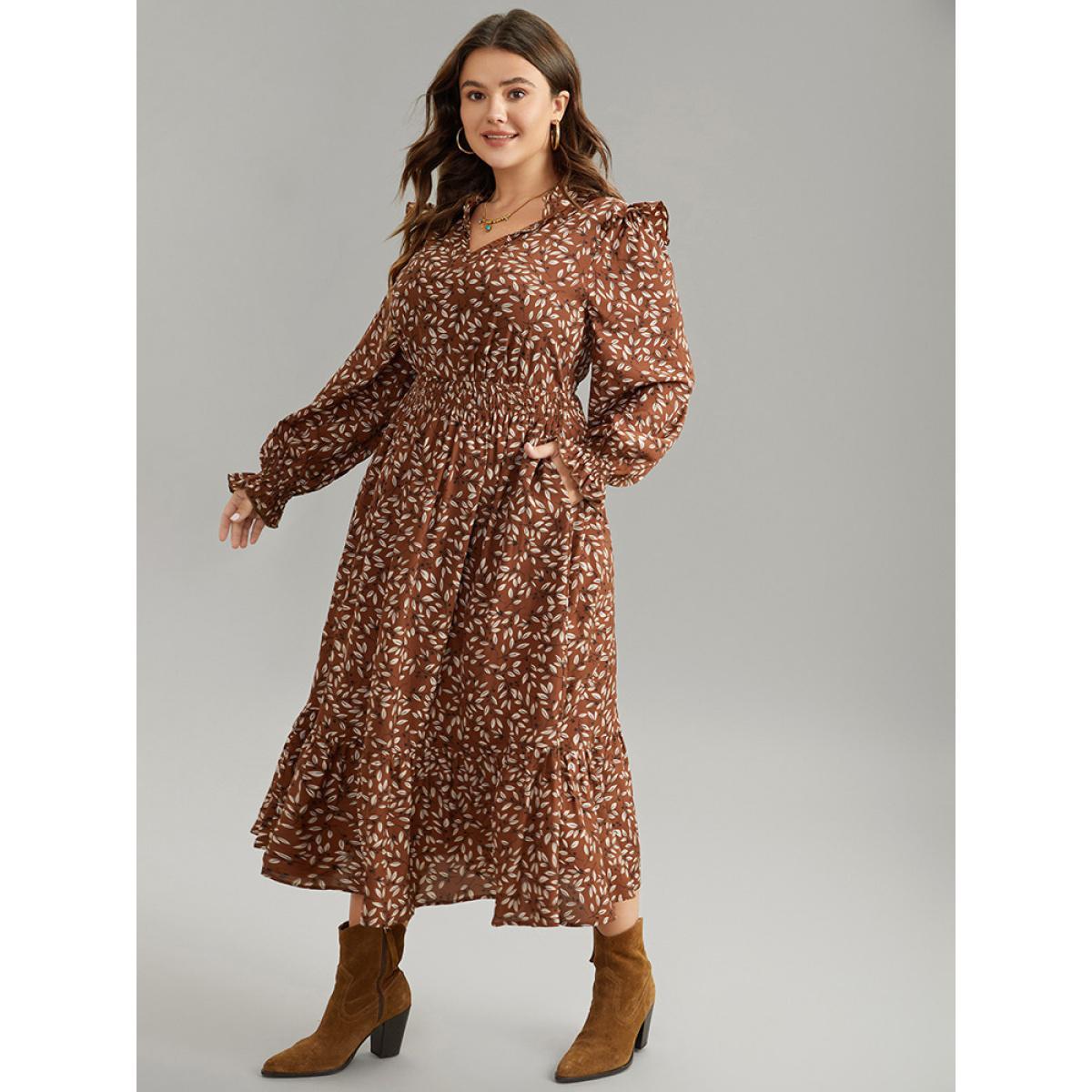 Plus Size Ditsy Floral Flutter Trim Pocket Shirred Dress DarkBrown Women Elegant Printed Notched collar Long Sleeve Curvy Midi Dress BloomChic 12/L Product Image