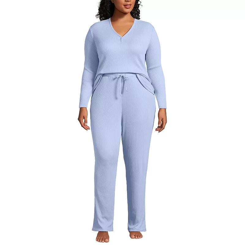 Plus Size Lands End Long Sleeve V-Neck Pajama Top & Pajama Pants Set, Womens Product Image