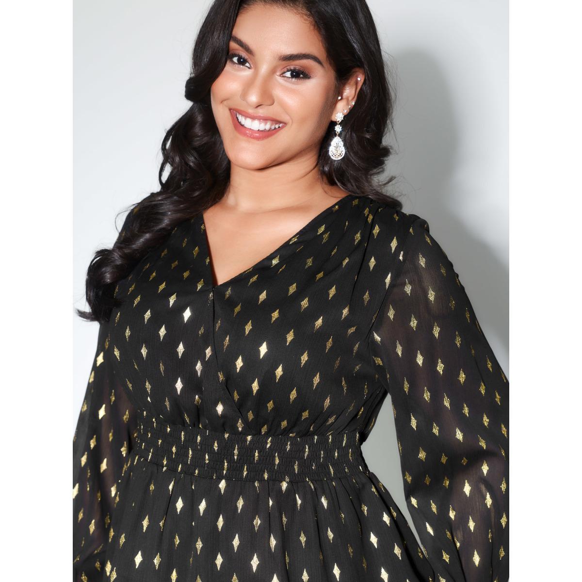 Plus Size Black Chiffon Gold Stamp Shirred Waist Blouse Women Formal Extra Long Sleeve Overlap Collar Party Blouses BloomChic 22-24/3X Product Image