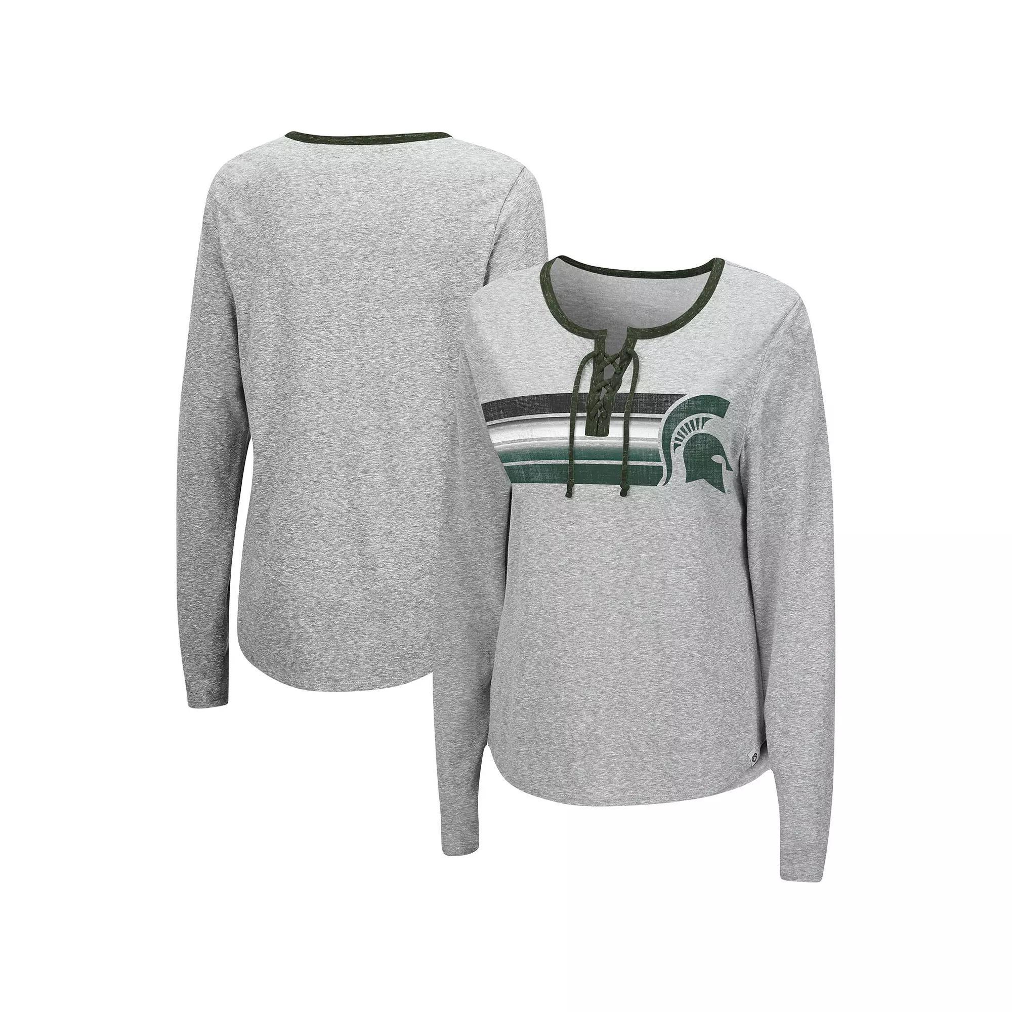 Women's Colosseum Heathered Gray Michigan State Spartans Sundial Tri-Blend Long Sleeve Lace-Up T-Shirt, Size: Small, Grey Product Image