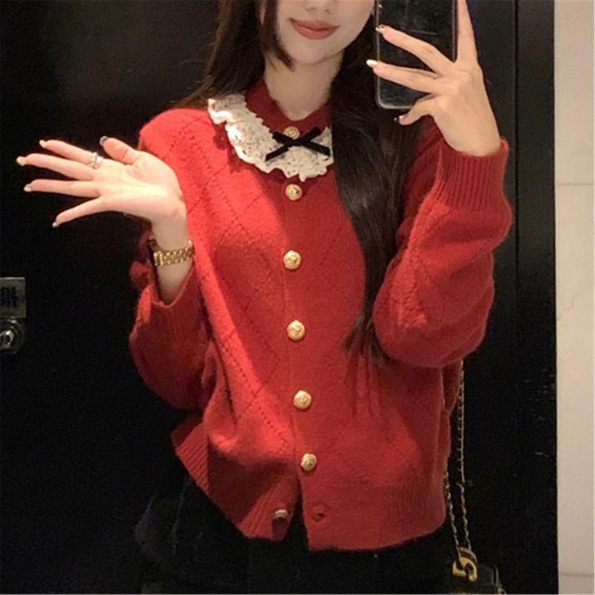 Round Neck Bow Lace Trim Cardigan Product Image