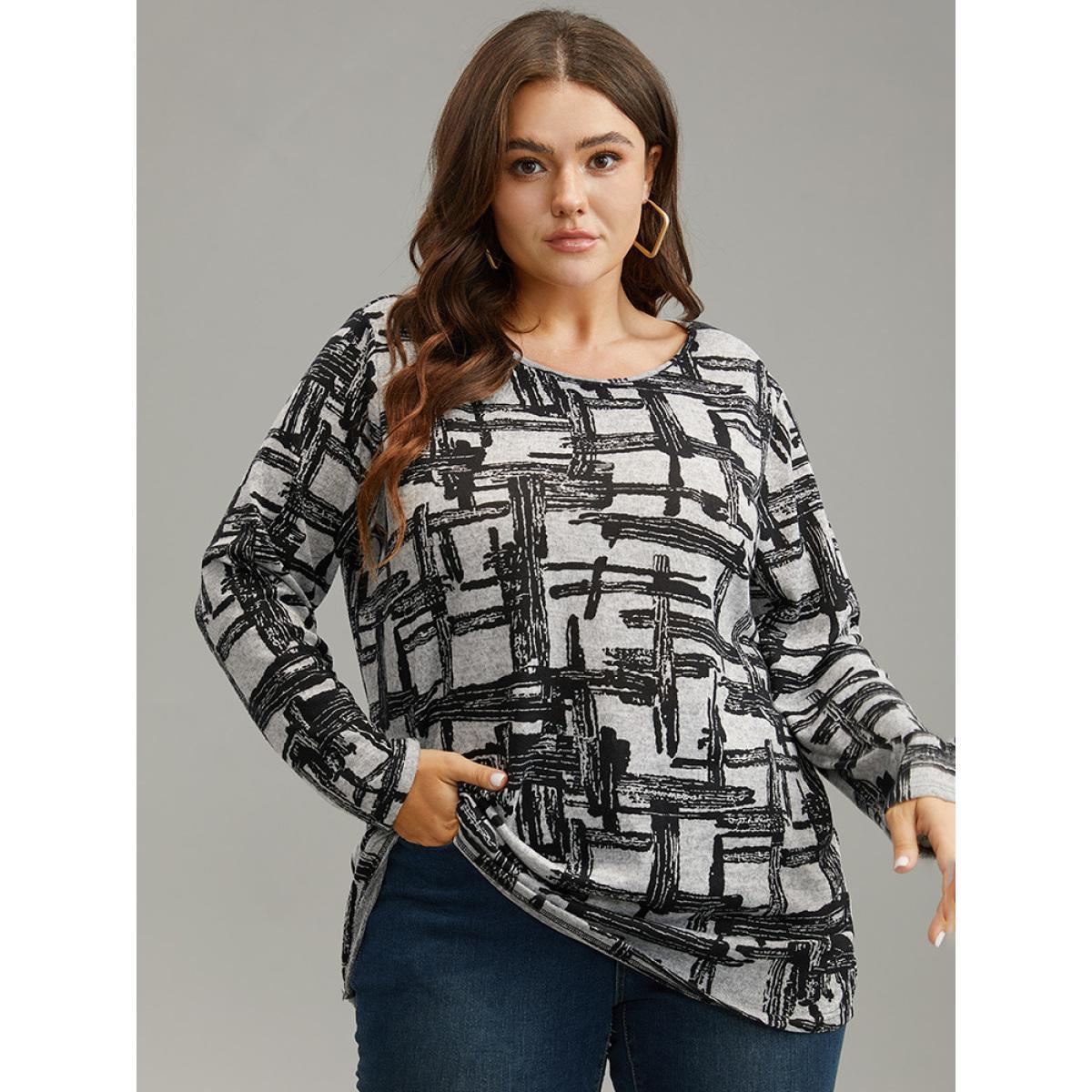 Plus Size Plaid Graffiti Round Neck T-shirt DimGray Women Casual Printed Graffiti Round Neck Dailywear T-shirts BloomChic 12/L Product Image