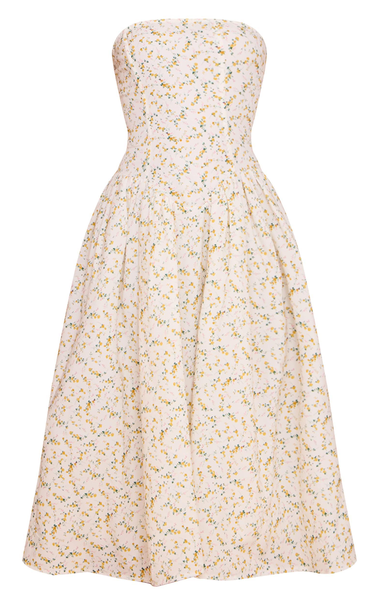 Yellow Ditsy Printed Bandeau Skater Midaxi Dress Product Image