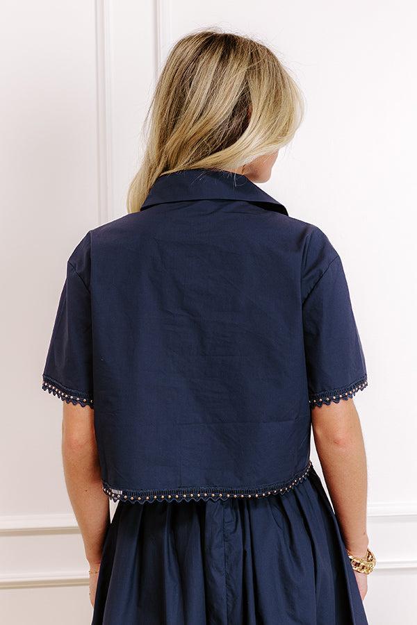 Courtyard Brunch Embellished Crop Top in Navy Product Image