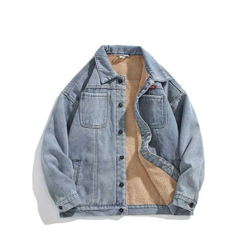 Collared Plain Panel Fleece-Lined Button Denim Jacket Product Image