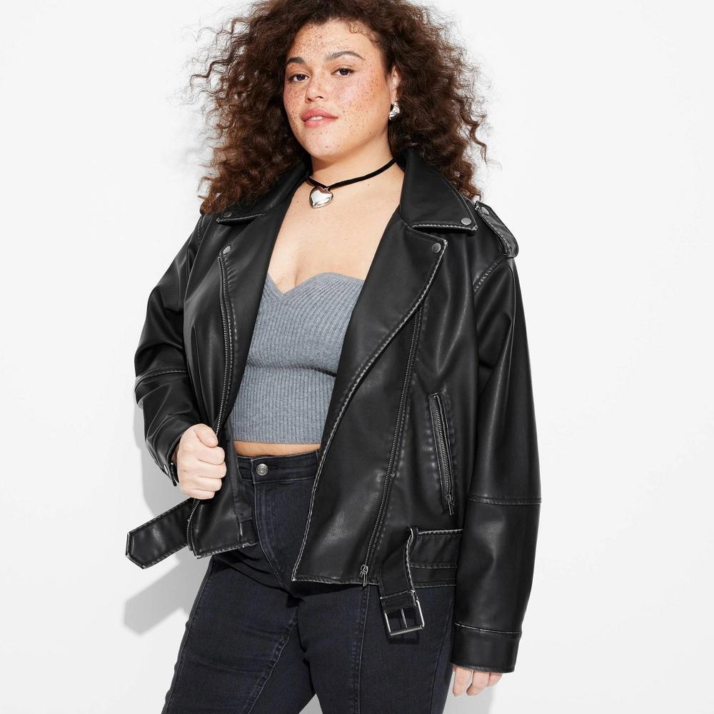 Women's Faux Leather Oversized Moto Jacket - Wild Fable™ Black XXL Product Image