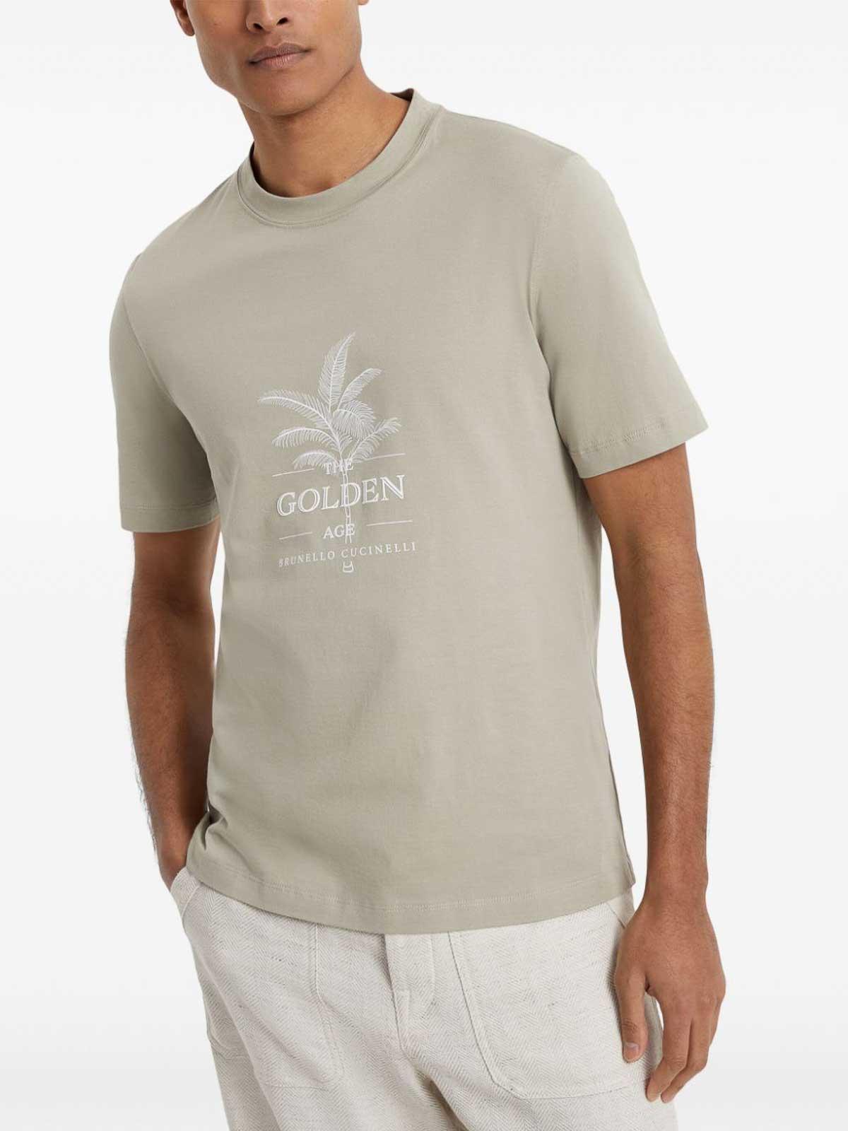 BRUNELLO CUCINELLI Men's Cotton Jersey Crew Neck T-shirt With Print In Beige Product Image