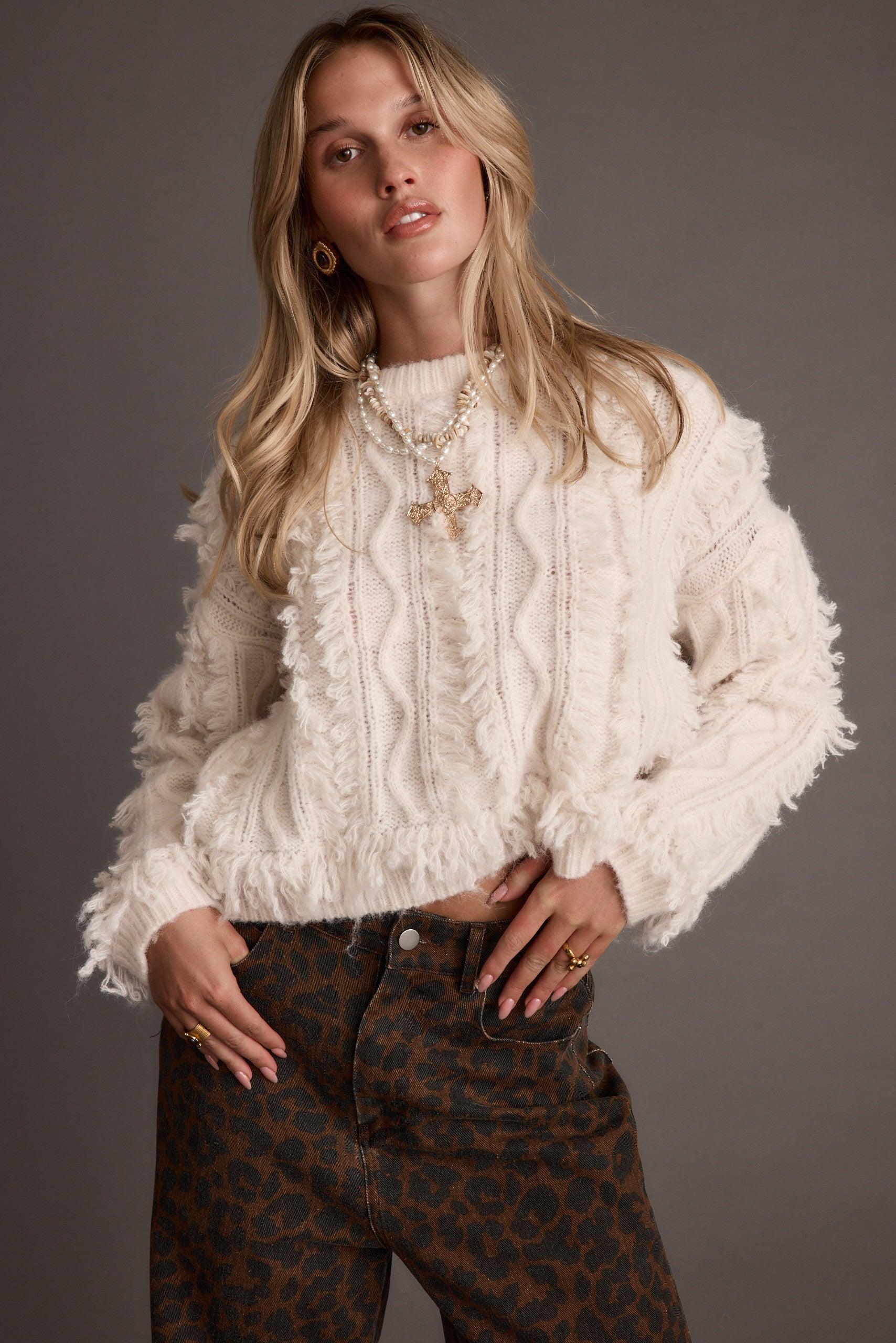 Lorie Beige Fringe Sweater Product Image