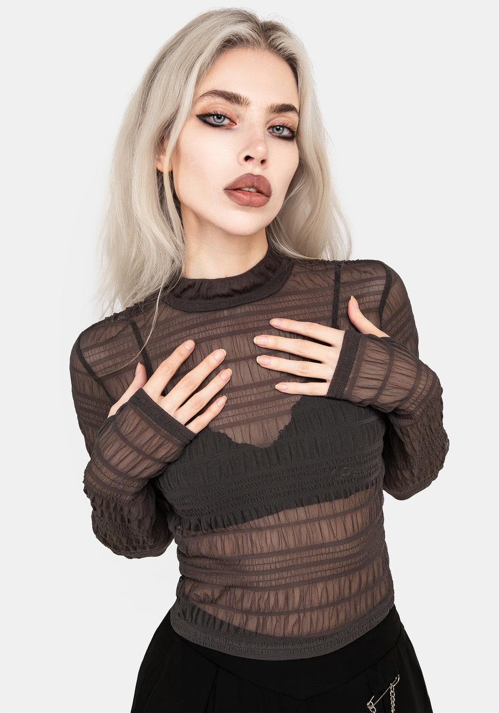 Myra Textured Mesh High Neck Long Sleeve Top Product Image