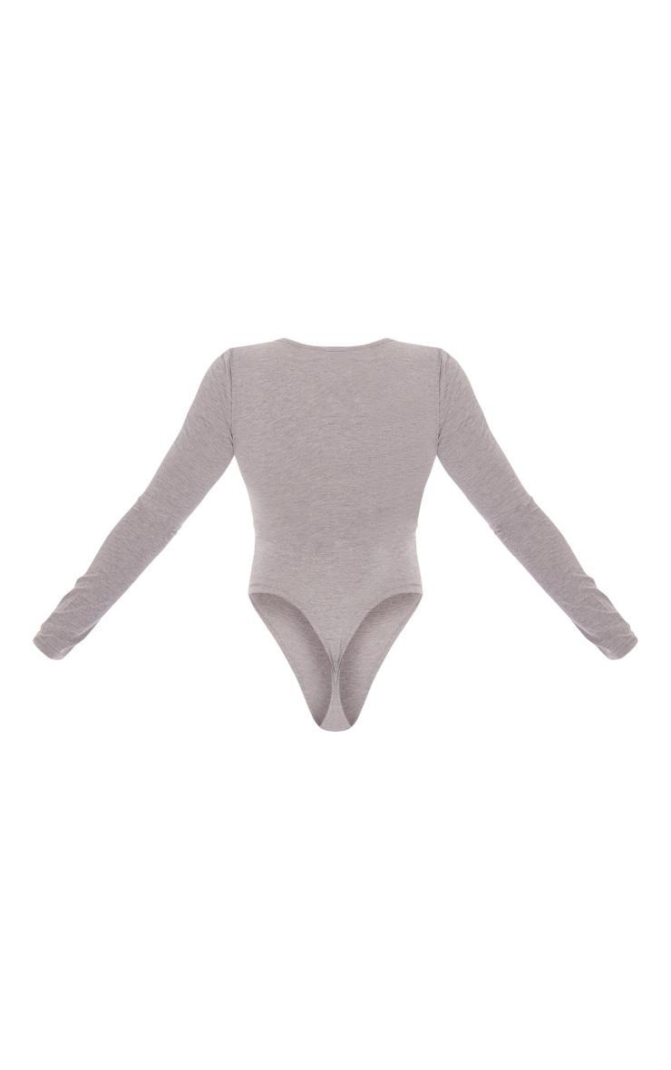 Basic Grey Marl Cotton Blend Plunge Long Sleeve Bodysuit Product Image