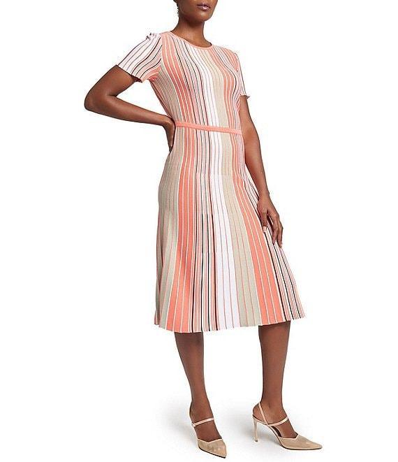 Ming Wang Knit Multi-Stripe Round Neck Short Sleeve Fit-And-Flare Midi Dress Product Image