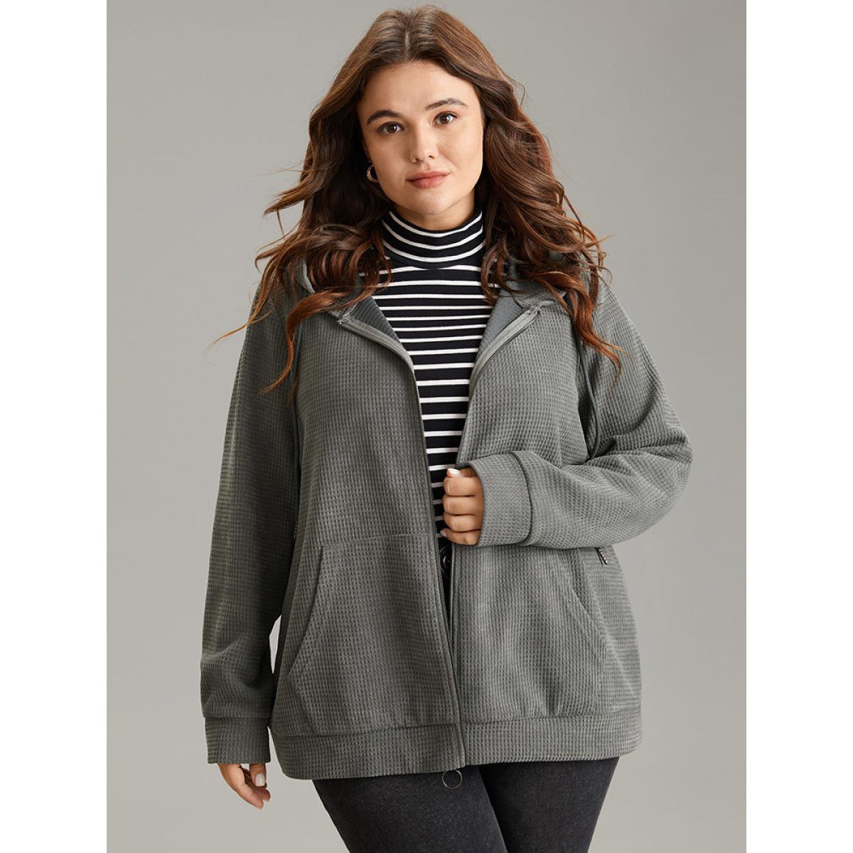 Plus Size Waffle Knit Plain Hooded Pocket Thick Sweatshirt Women DimGray Casual Waffle Knit Hooded Dailywear Sweatshirts BloomChic 22-24/3X Product Image